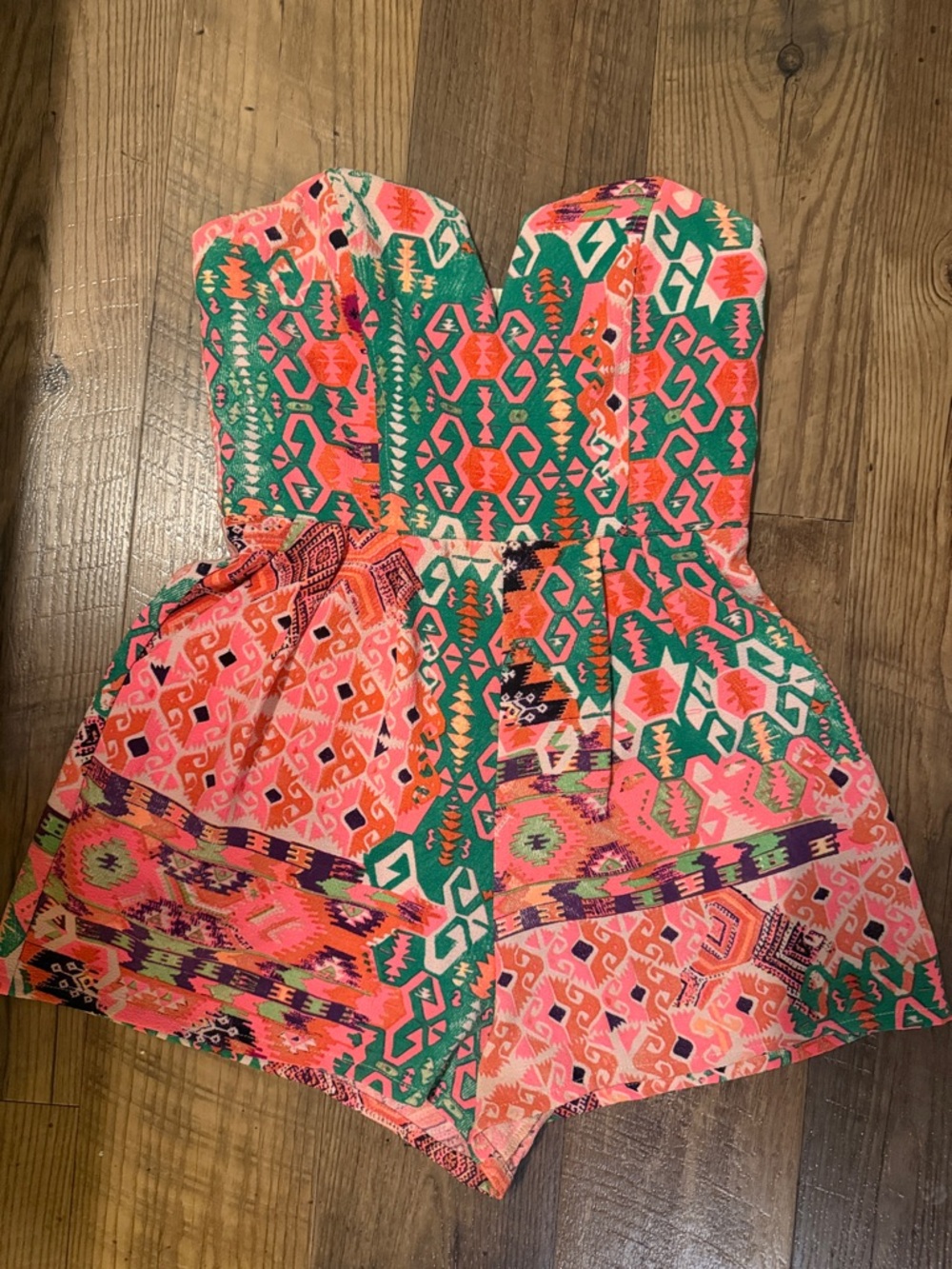 Strapless Aztec Print Romper in Pink & Green